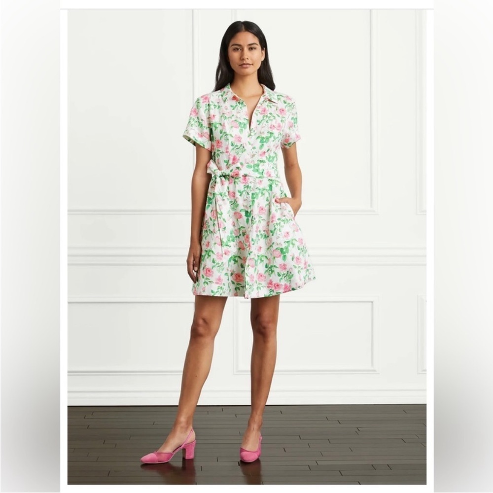 Hill House Home Laura Linen Dress Pink Roses New Size XS Floral Shirt Dress